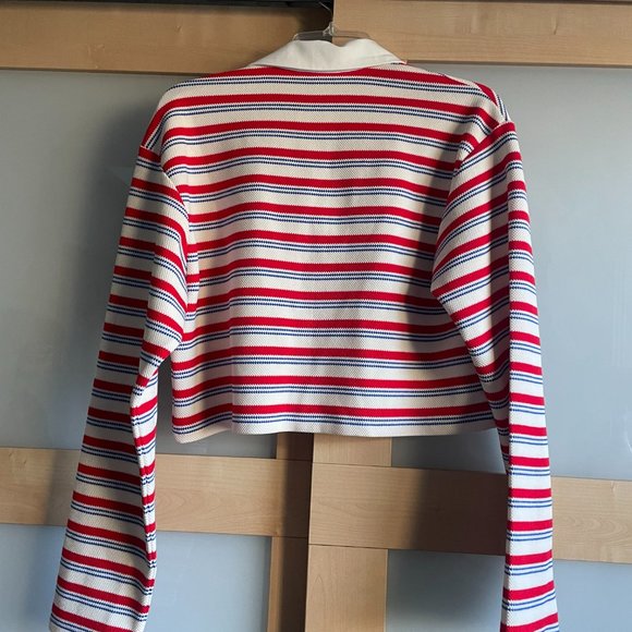 Reformation Anna Rugby Polo Shirt Striped Cropped Red Blue Long Sleeve NEW - Picture 4 of 5